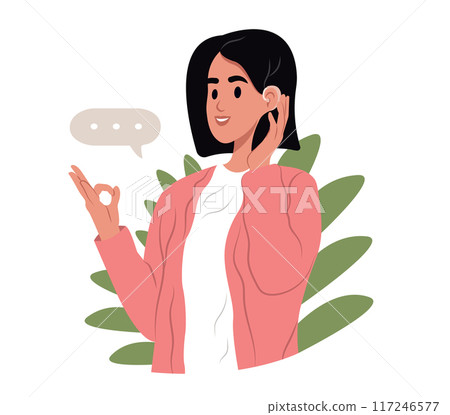 Joyful woman uses a hearing aid and experiencing sound. Person who has lost her hearing uses sign language. Vector illustration. 117246577