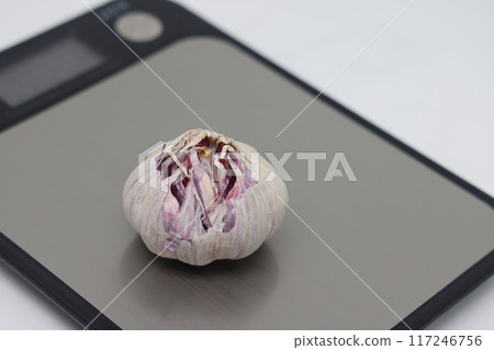 head of garlic on electronic kitchen scales, proper nutrition, take into account calories. 117246756