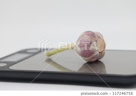head of garlic on electronic kitchen scales, proper nutrition, take into account calories. head of garlic on electronic kitchen scales, proper nutrition, take into account calories. 117246758