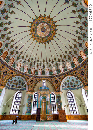 Interior of Taza Pir Mosque in Baku, Azerbaijan, with ornate dome and intricate architecture 117246840