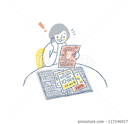 一位老年婦女很高興看到報紙插入廣告 117246917