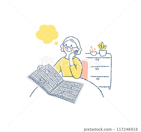 Senior woman reading a newspaper with speech bubble 117246918