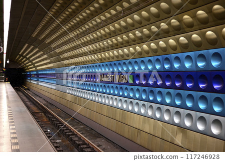Namesti Miru metro station, decorated with modern coloured aluminium panels, in Prague, Czech Republic Namesti Miru metro station, decorated with modern coloured aluminium panels, in Prague, Czech Republic 117246928