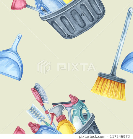 Housekeeping tools seamless pattern. Broom, dustpan, and bucket with various brushes and cleaning supplies on a cream background. Watercolor clipart for wrapping paper, invitations, merchandise Housekeeping tools seamless pattern. Broom, dustpan, and bucket with various brushes and cleaning supplies on a cream background. Watercolor clipart for wrapping paper, invitations, merchandise 117246973