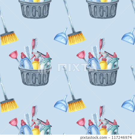 Cleaning tools seamless pattern. Broom, dustpan, and bucket with assorted cleaning items on a light blue background. This Watercolor clipart is great for wallpaper, fabric prints, and home decor Cleaning tools seamless pattern. Broom, dustpan, and bucket with assorted cleaning items on a light blue background. This Watercolor clipart is great for wallpaper, fabric prints, and home decor 117246974