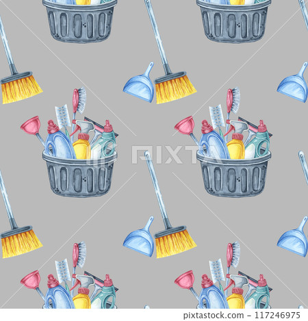 Housekeeping tools seamless pattern. Broom, dustpan, and bucket with brushes and cleaning products on a gray background. Watercolor clipart for packaging, gift wrap, and digital design projects Housekeeping tools seamless pattern. Broom, dustpan, and bucket with brushes and cleaning products on a gray background. Watercolor clipart for packaging, gift wrap, and digital design projects 117246975