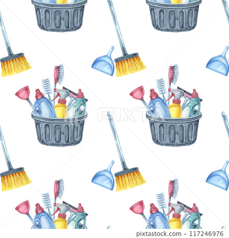 Cleaning tools seamless pattern depicting a broom, dustpan, and bucket with various cleaning supplies. This hand drawn watercolor clipart is ideal for home decor, textile design, and stationery Cleaning tools seamless pattern depicting a broom, dustpan, and bucket with various cleaning supplies. This hand drawn watercolor clipart is ideal for home decor, textile design, and stationery 117246976