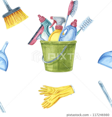 Cleaning tools seamless pattern featuring buckets filled with brushes and sprays, gloves and dustpans. Watercolor clipart for creating cleaning supply labels, home care blogs, or promotional materials 117246980