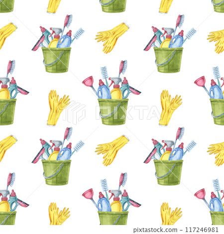 Cleaning tools seamless pattern watercolor clipart depicting an array of housekeeping essentials such as yellow gloves, buckets, and brushes. Ideal for product packaging, DIY crafts, or fabric designs Cleaning tools seamless pattern watercolor clipart depicting an array of housekeeping essentials such as yellow gloves, buckets, and brushes. Ideal for product packaging, DIY crafts, or fabric designs 117246981
