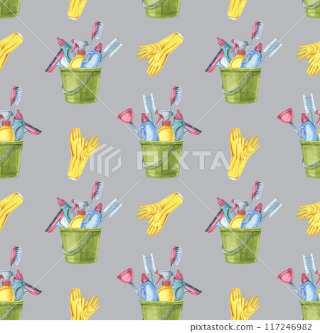 Cleaning tools seamless pattern watercolor clipart with illustrations of buckets, brushes, and gloves on a gray background. Suitable for cleaning service business cards, gift wrap, or planner stickers 117246982