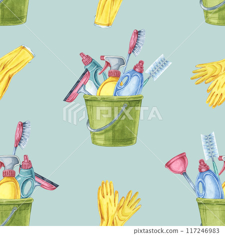 Cleaning tools seamless pattern showcasing a variety of cleaning items like brushes, gloves, and green buckets. watercolor clipart for designing housekeeping flyers, product labels, or kitchen decor Cleaning tools seamless pattern showcasing a variety of cleaning items like brushes, gloves, and green buckets. watercolor clipart for designing housekeeping flyers, product labels, or kitchen decor 117246983