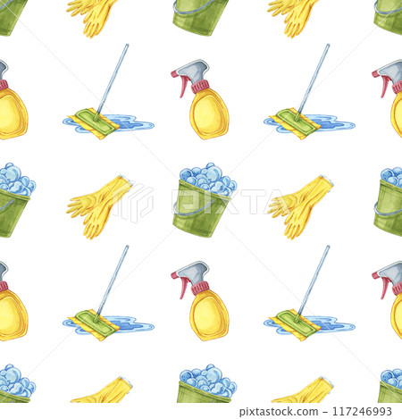 Seamless pattern with buckets, gloves, and spray bottles in watercolor. Clipart for educational posters on cleanliness, product packaging, and custom wallpapers for cleaning-themed designs Seamless pattern with buckets, gloves, and spray bottles in watercolor. Clipart for educational posters on cleanliness, product packaging, and custom wallpapers for cleaning-themed designs 117246993
