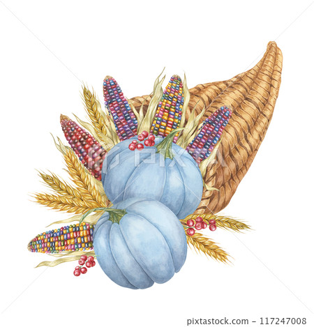 Cornucopia filled with pumpkins, multicolored corn cobs, wheat stalks, and berries. Horn of plenty Watercolor clipart for Thanksgiving decor, autumn-themed and harvest festival designs, seasonal cards Cornucopia filled with pumpkins, multicolored corn cobs, wheat stalks, and berries. Horn of plenty Watercolor clipart for Thanksgiving decor, autumn-themed and harvest festival designs, seasonal cards 117247008