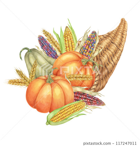 Cornucopia clipart overflowing with pumpkins, multicolored corn cobs, wheat stalks. Watercolor design element for Thanksgiving and autumn projects, greeting cards, posters, kitchen decor, scrapbooking Cornucopia clipart overflowing with pumpkins, multicolored corn cobs, wheat stalks. Watercolor design element for Thanksgiving and autumn projects, greeting cards, posters, kitchen decor, scrapbooking 117247011