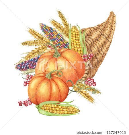 Cornucopia filled with pumpkins, multicolored corn cobs, wheat stalks, and berries. Horn of plenty Watercolor clipart for Thanksgiving decor, autumn-themed and harvest festival designs, seasonal cards 117247013