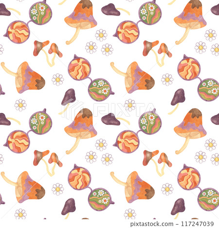 Retro groovy seamless pattern with mushrooms, daisies and glasses in watercolor. Vintage floral hippie fungi textile ornament clipart. Hand drawn nostalgic print for clothing, paper, scrapbooking 117247039