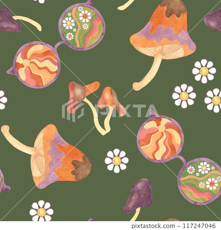 Retro groovy seamless pattern with mushrooms, daisies and glasses in watercolor. Vintage floral hippie fungi textile ornament clipart. Hand drawn nostalgic print for clothing, paper, scrapbooking 117247046