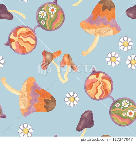Retro groovy seamless pattern with mushrooms, daisies and glasses in watercolor. Vintage floral hippie fungi textile ornament clipart. Hand drawn nostalgic print for clothing, paper, scrapbooking 117247047
