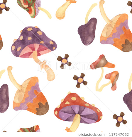 Retro groovy seamless pattern with mushrooms and flowers in watercolor. Vintage hippie fungi textile ornament clipart. Hand drawn fly agaric nostalgic print for clothing, wrapping, scrapbooking 117247062
