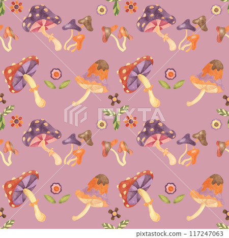 Retro groovy seamless pattern with mushrooms and flowers in watercolor. Vintage hippie fungi textile ornament clipart. Hand drawn fly agaric nostalgic print for clothing, wrapping, scrapbooking 117247063