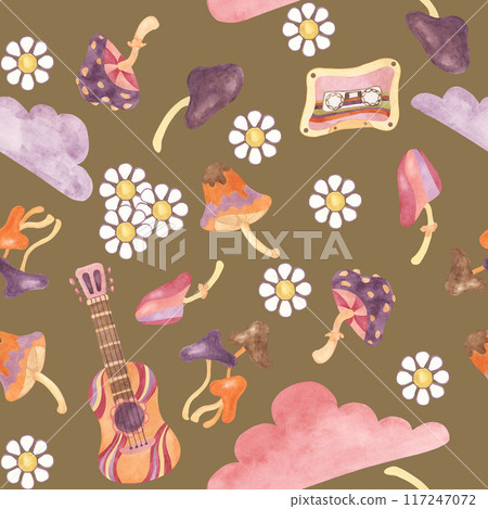 Seamless pattern with retro guitar, tape, clouds and mushrooms in watercolor. Vintage hippie music textile ornament clipart. Hand drawn nostalgic print for clothing, wallpaper, wrapping, scrapbooking 117247072
