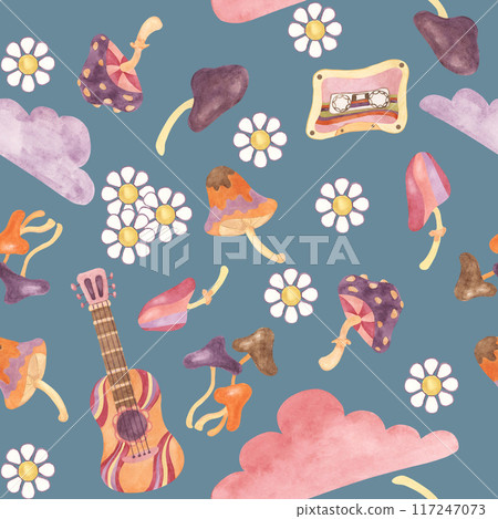 Seamless pattern with retro guitar, tape, clouds and mushrooms in watercolor. Vintage hippie music textile ornament clipart. Hand drawn nostalgic print for clothing, wallpaper, wrapping, scrapbooking 117247073