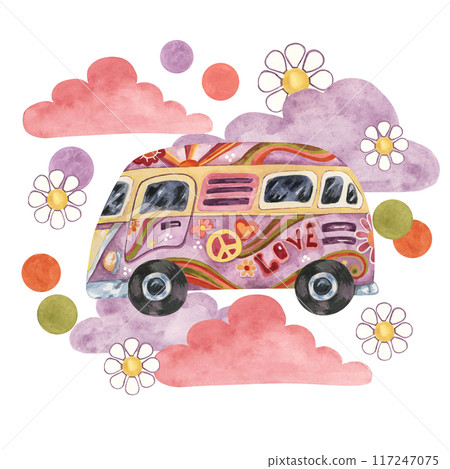 pink purple clouds, groovy hippie camper van and daisies. Print tee with flowers. Retro Trippy bus car for road trip in 70s, 60s style. Nostalgic clipart. Hand drawn vintage graphic t shirt 117247075