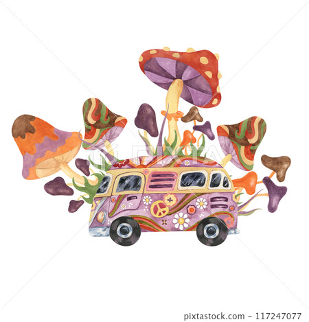 Trippy mushrooms, groovy hippie camper van mycophile print tee. Retro bus, fly agarics magic fungi in 1970s -1960s style . Nostalgic mycology fashion clipart. Hand drawn vintage graphic t shirt 117247077