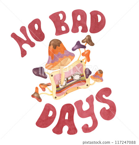 Trippy audiotape, mushrooms and no bad days slogan print tee. Retro hippie vibes music cassette clipart . Nostalgic groovy toadstools fungi with lettering. Hand drawn graphic t shirt sweatshirt print Trippy audiotape, mushrooms and no bad days slogan print tee. Retro hippie vibes music cassette clipart . Nostalgic groovy toadstools fungi with lettering. Hand drawn graphic t shirt sweatshirt print 117247088
