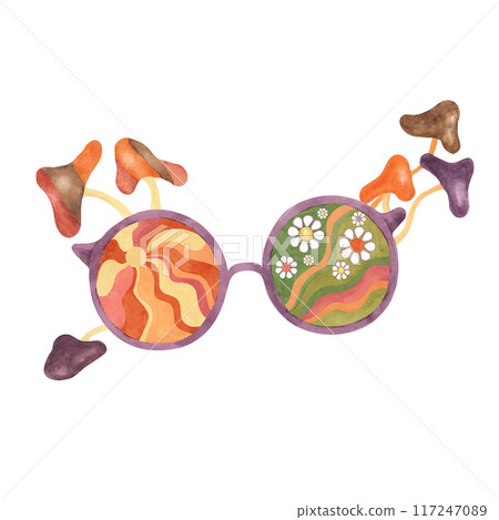 Trippy mushrooms, groovy hippie sunglasses design for print tee with sun and daisies. Retro round psychedelic eyewear in 1970s style poster. Nostalgic clipart indie aesthetic. Hand drawn graphic t Trippy mushrooms, groovy hippie sunglasses design for print tee with sun and daisies. Retro round psychedelic eyewear in 1970s style poster. Nostalgic clipart indie aesthetic. Hand drawn graphic t 117247089