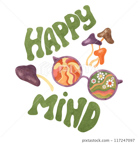 Trippy mushrooms, groovy hippie sunglasses and happy mind slogan print tee with sun and daisies. Retro round psychedelic eyewear in 1970s style. Nostalgic clipart. Hand drawn graphic t shirt poster 117247097