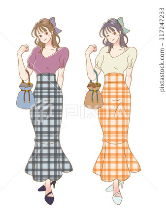 Full-body illustration of a woman enjoying summer fashion 117247233