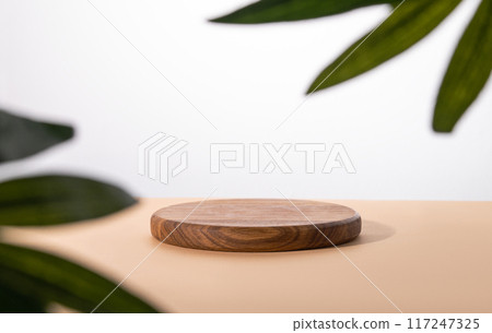 Empty podium with a palm leaf. A round wooden stage on a beige table. Empty podium with a palm leaf. A round wooden stage on a beige table. 117247325
