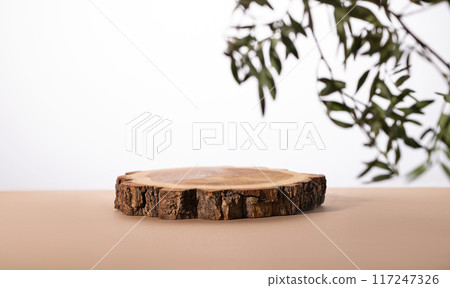 Modern product display on a neutral beige background with branches. Wooden round podium. 117247326