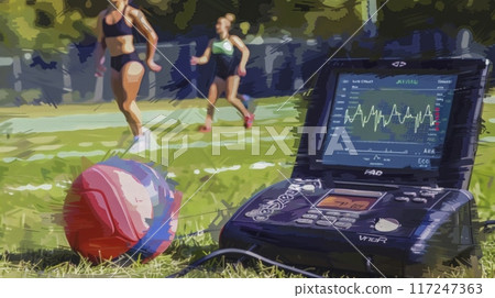 athlete runs across a field, while a device measures and displays their heart rate on a sunny day. athlete runs across a field, while a device measures and displays their heart rate on a sunny day. 117247363