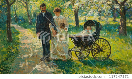 young family enjoys a sunny day in a park, the father pushing a stroller with a baby, while the mother leads their young daughter along a path lined with blooming trees. 117247371