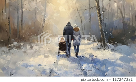 young couple pushes a stroller along a snowy path in a winter forest, the sunlight filtering through the bare trees. 117247381