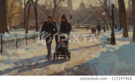 young couple strolls through a snowy Central Park, pushing a stroller with a child. The sun shines brightly, casting long shadows on the snow-covered path. young couple strolls through a snowy Central Park, pushing a stroller with a child. The sun shines brightly, casting long shadows on the snow-covered path. 117247408