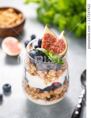 Delicious natural yogurt with muesli, figs and berries in a glass on a blue background close up. Delicious natural yogurt with muesli, figs and berries in a glass on a blue background close up. 117247422