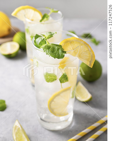 Lemonade drink with fresh lemons. Refreshing cocktail with lime, lemon, mint and ice in a tall glass Lemonade drink with fresh lemons. Refreshing cocktail with lime, lemon, mint and ice in a tall glass 117247526