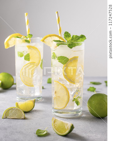 Mineral water  with fresh lemons. Refreshing drink  with lime, lemon, mint and ice in a tall glass  117247528
