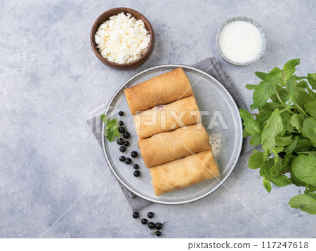 Homemade crepes with black currant and a cottage cheese on a plate on a blue background. Homemade crepes with black currant and a cottage cheese on a plate on a blue background. 117247618