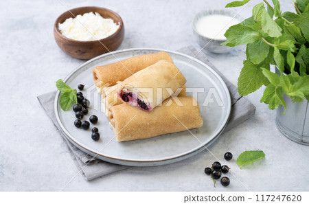 Homemade crepes with black currant and a cottage cheese on a plate on a blue background. Homemade crepes with black currant and a cottage cheese on a plate on a blue background. 117247620