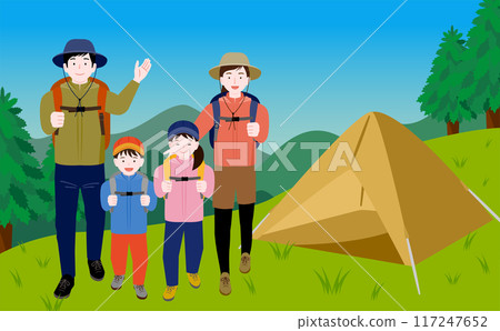 Family outdoors at a campsite in the mountains in autumn and winter - Parents and children setting up tents and enjoying mountain climbing - Image illustration 117247652