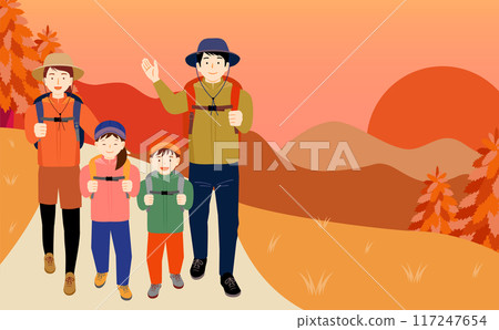 Illustration of autumn and winter sunsets with children and kids having fun, outdoor camping and mountain climbing scene 117247654