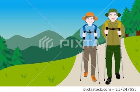 Elderly senior couple walking and enjoying outdoor mountain climbing and camping_Spring/summer image illustration Elderly senior couple walking and enjoying outdoor mountain climbing and camping_Spring/summer image illustration 117247655