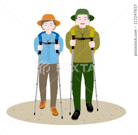 Elderly senior couple walking and enjoying outdoor mountain climbing and camping_Spring/summer image illustration 117247657