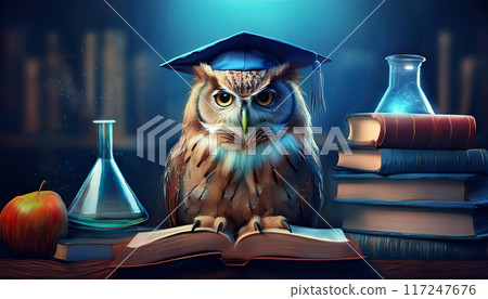 一隻知識淵博的貓頭鷹戴著醫生的帽子，讀一本書。 117247676