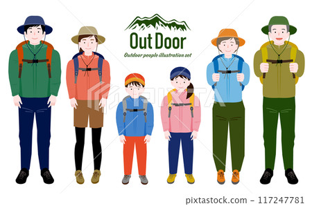 一幅全身插畫，描繪了一家人的父母、孩子和老年男女穿著秋冬服裝享受戶外、露營和登山的樂趣。 117247781