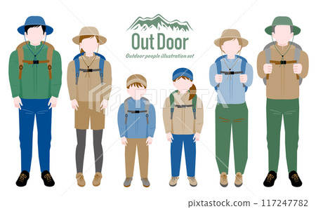 一幅全身插畫,描繪了一家人的父母、孩子和老年男女穿著秋冬服裝享受戶外、露營和登山的樂趣。 一幅全身插畫,描繪了一家人的父母、孩子和老年男女穿著秋冬服裝享受戶外、露營和登山的樂趣。 117247782